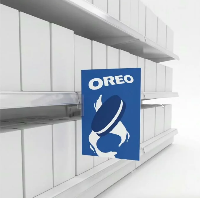 Stopper azul de Oreo de Bellto perpendicular a una balda blanca, en un render sobre fondo blanco