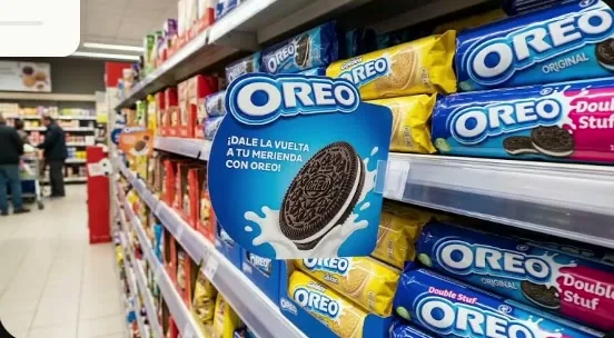 Stopper de Oreo de Gemini en un lineal de supermercado, perpendicular a la balda entre paquetes de galletas