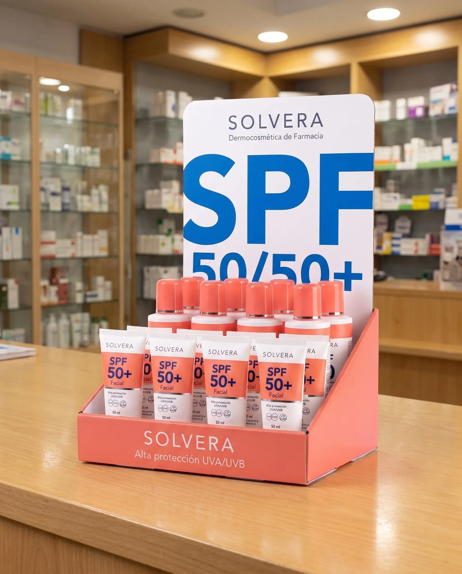 The same Solvera counter display on a pharmacy counter