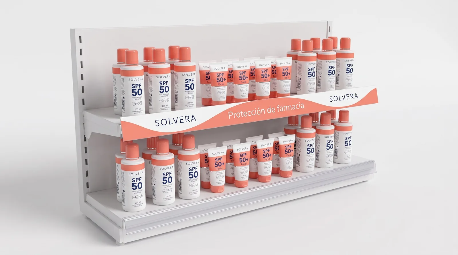 Sun care shelf with Solvera bottles and tubes and a white shelf strip with a coral wave on the shelf edge