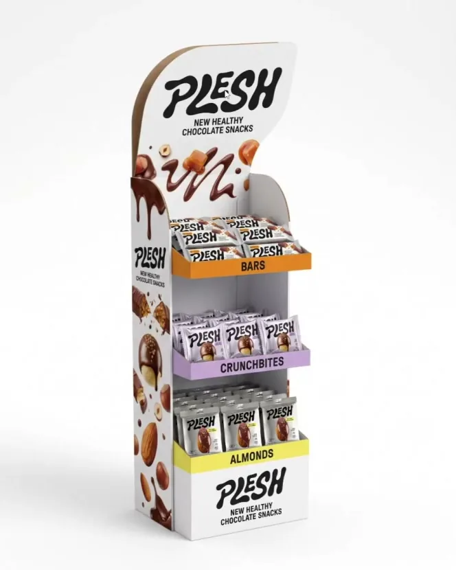 Expositor de suelo de PLESH con los textos en inglés, Bars, Crunchbites y Almonds en las baldas