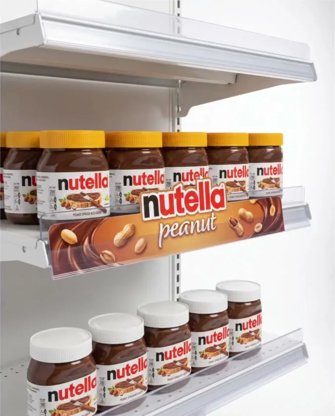 Regleta de Nutella Peanut apoyada en la balda con el logo de Nutella sobresaliendo por encima de los tarros