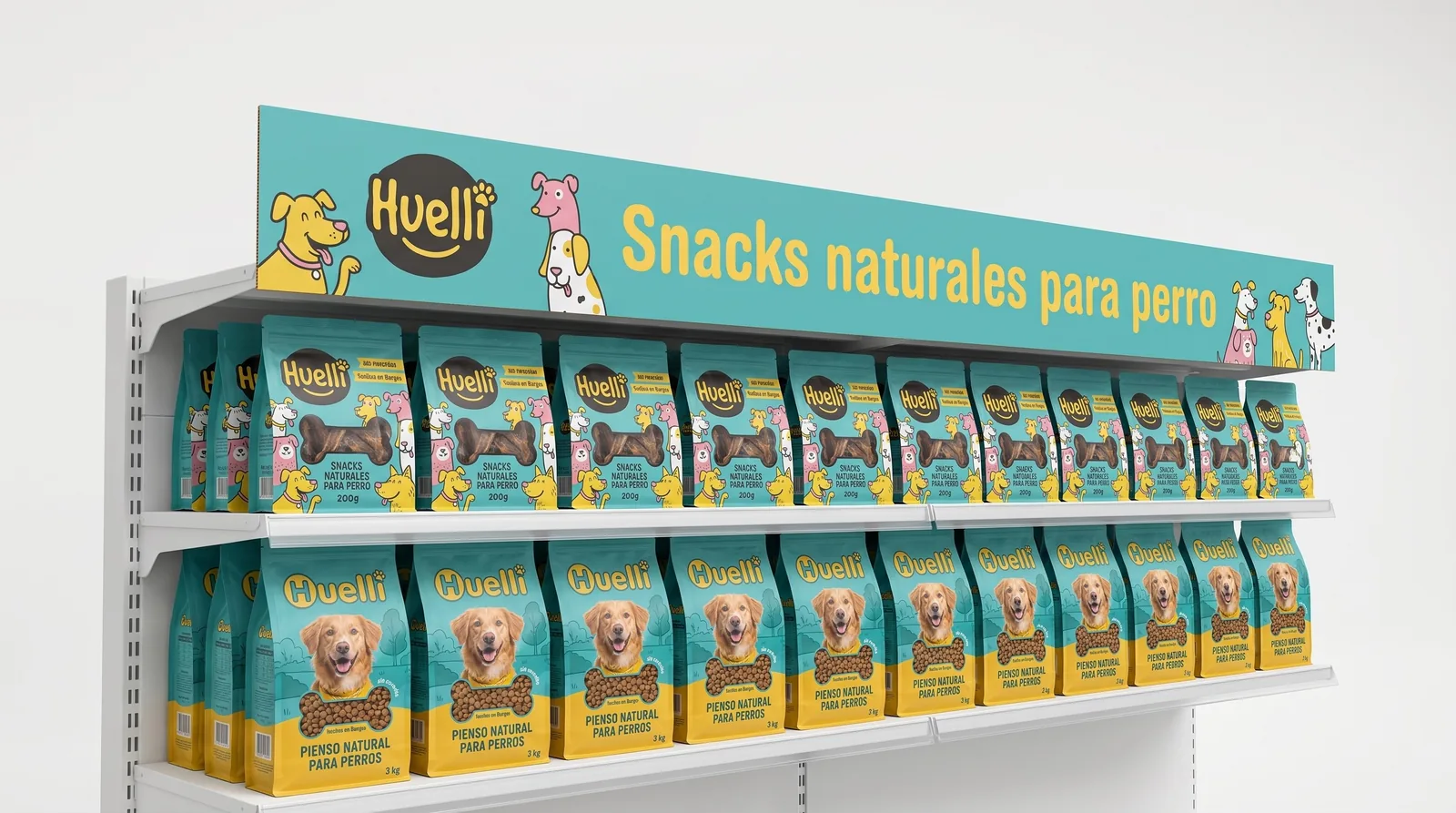 Cenefa turquesa de Huelli por encima de un lineal de mascotas con bolsas de snacks y sacos de pienso para perro