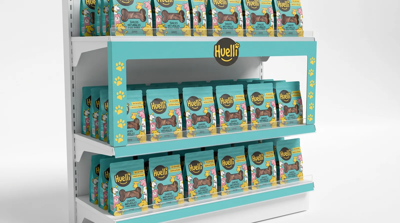 Marco de lineal turquesa de Huelli con huellas en los laterales alrededor de una sola balda de bolsas de snacks