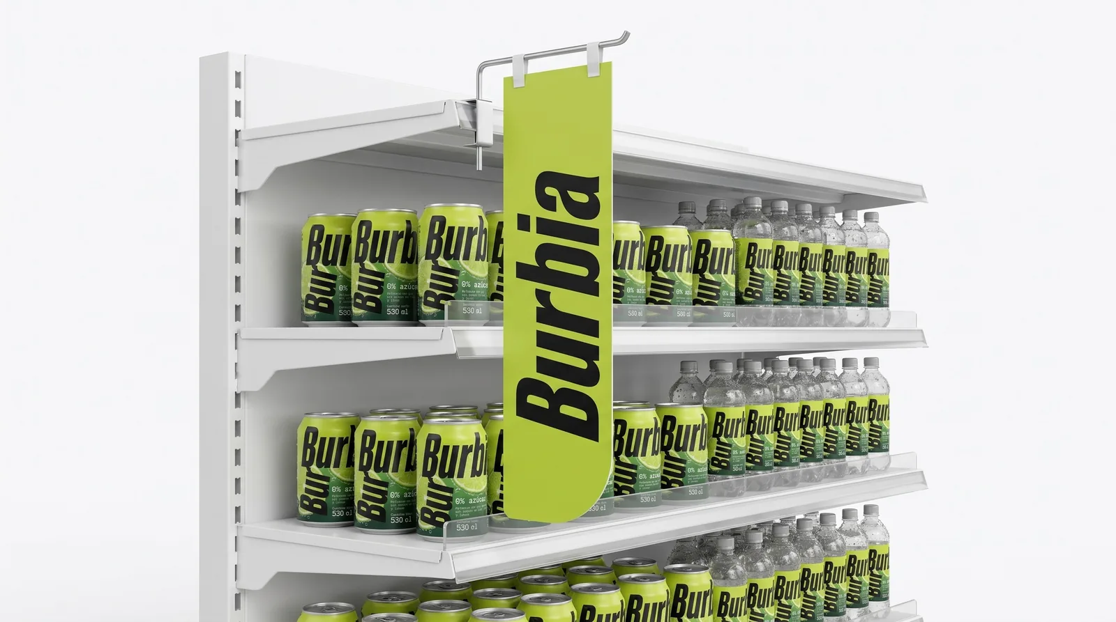 Tall narrow lime green shelf flag with the Burbia logo running vertically, hanging from a rod at the top of a shelf of Burbia cans and bottles