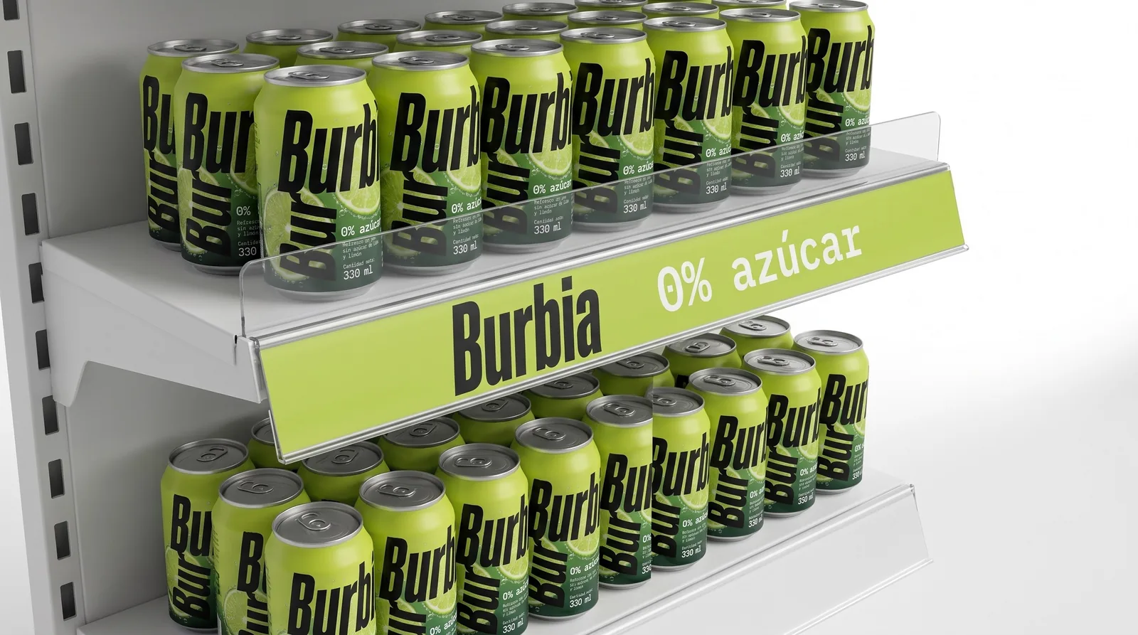 Burbia lime green shelf edge strip with the logo and the words 0% azúcar on the edge of a can shelf