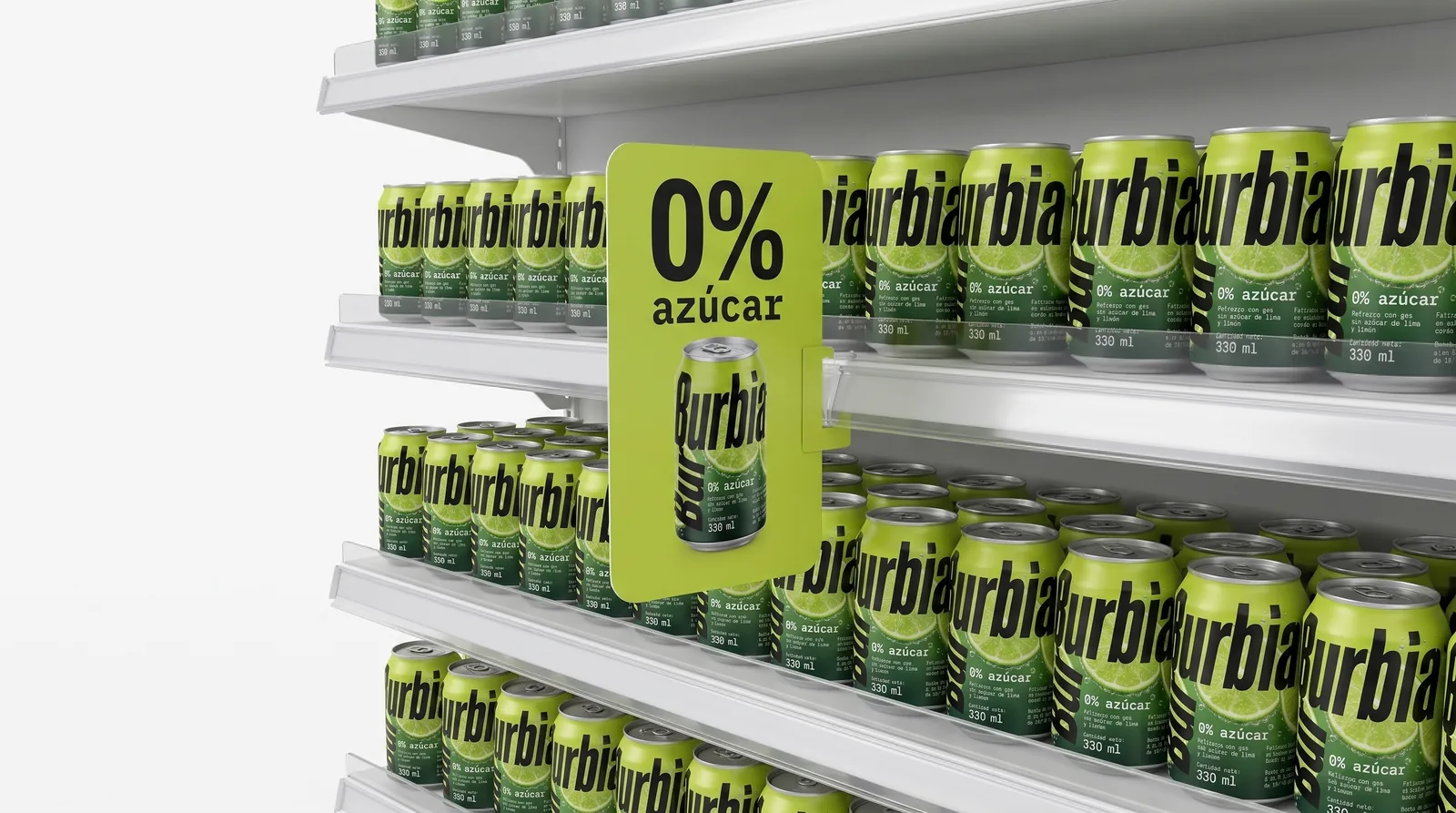 Burbia lime green shelf talker reading 0% azúcar with a can on it, sticking straight out from the edge of a shelf full of soda cans