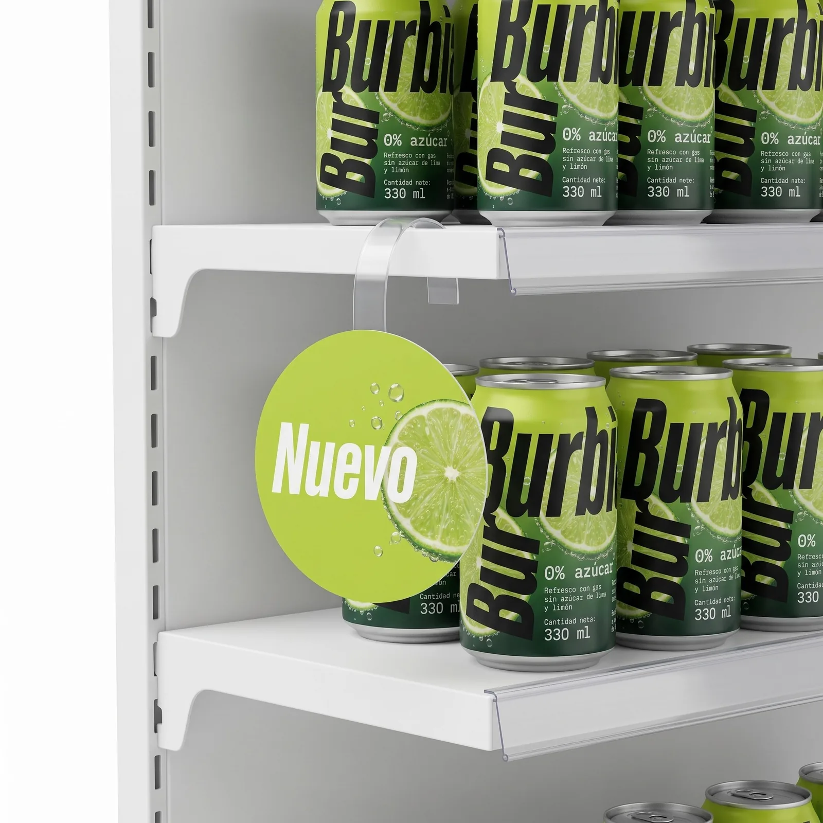 Burbia round lime green wobbler with the word Nuevo and a slice of lime, hanging on a clear flexible arm in front of the cans