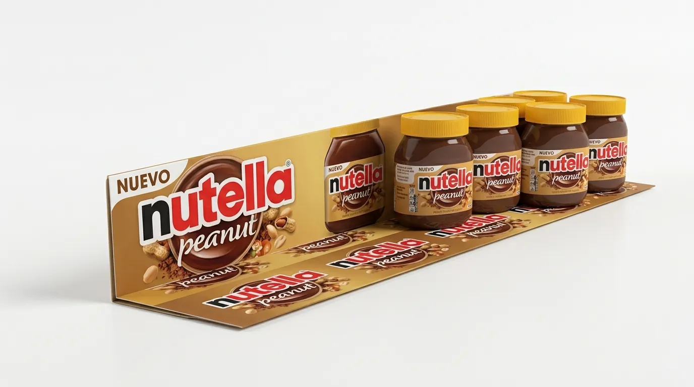 L-profile shelf strip folded into an L, with its printed base under a row of cocoa spread jars