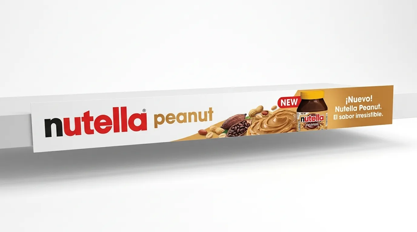Printed shelf edge strip on the front edge of a white shelf, with graphics for a peanut cocoa spread